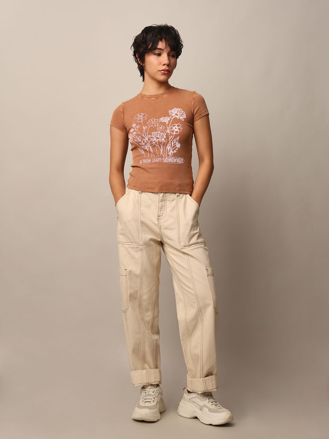 Brown Printed Washed T-Shirt