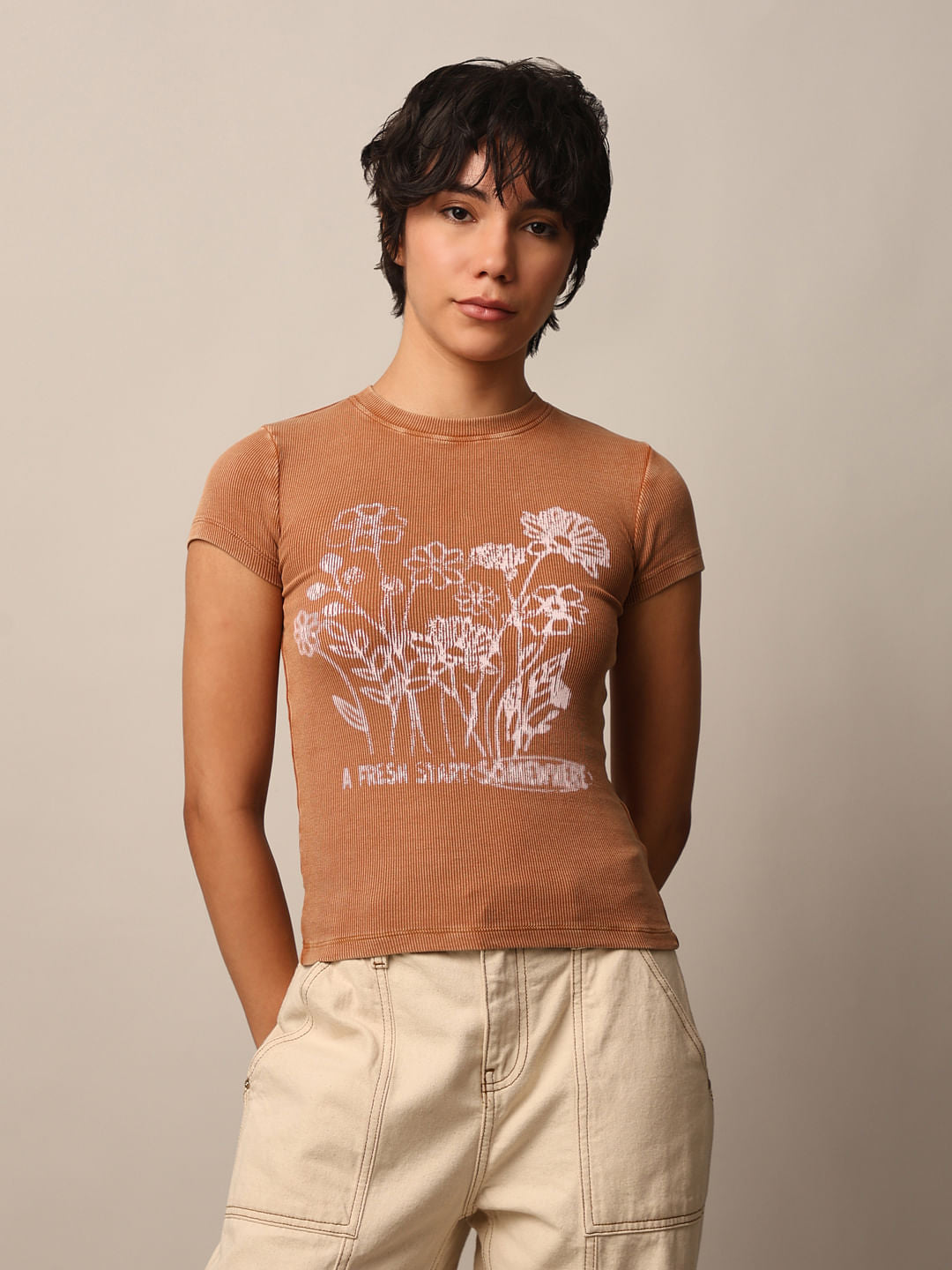 Brown Printed Washed T-Shirt