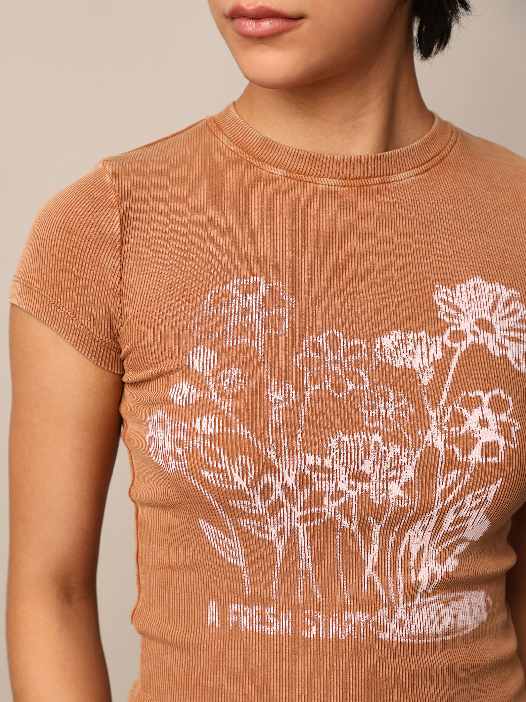 Brown Printed Washed T-Shirt