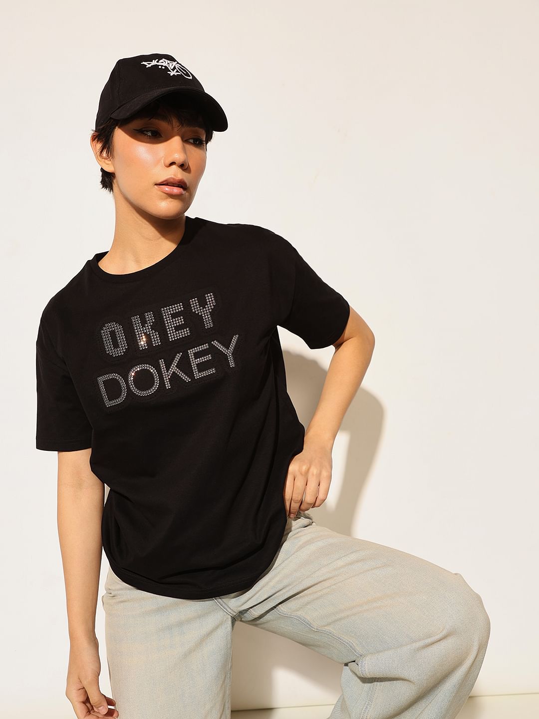 Black Embellished Text T-Shirt