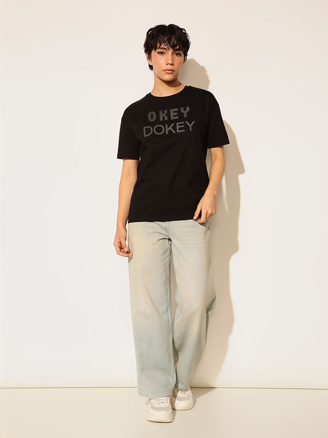 Black Embellished Text T-Shirt