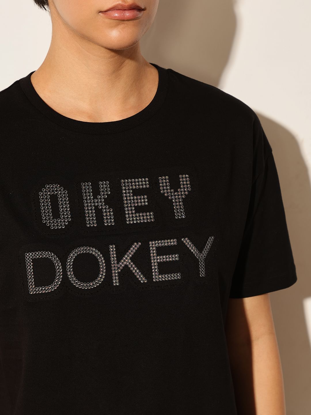 Black Embellished Text T-Shirt