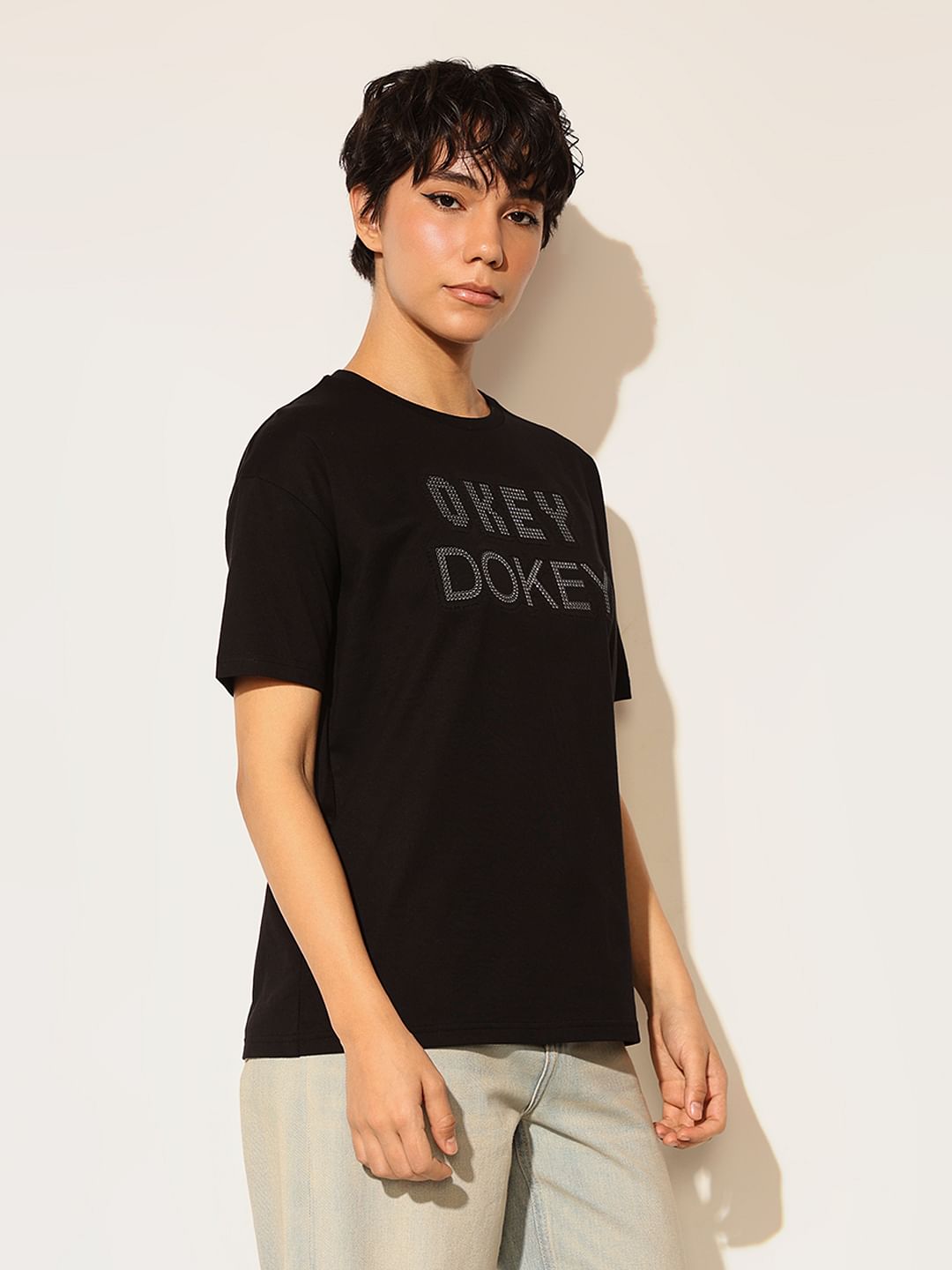 Black Embellished Text T-Shirt