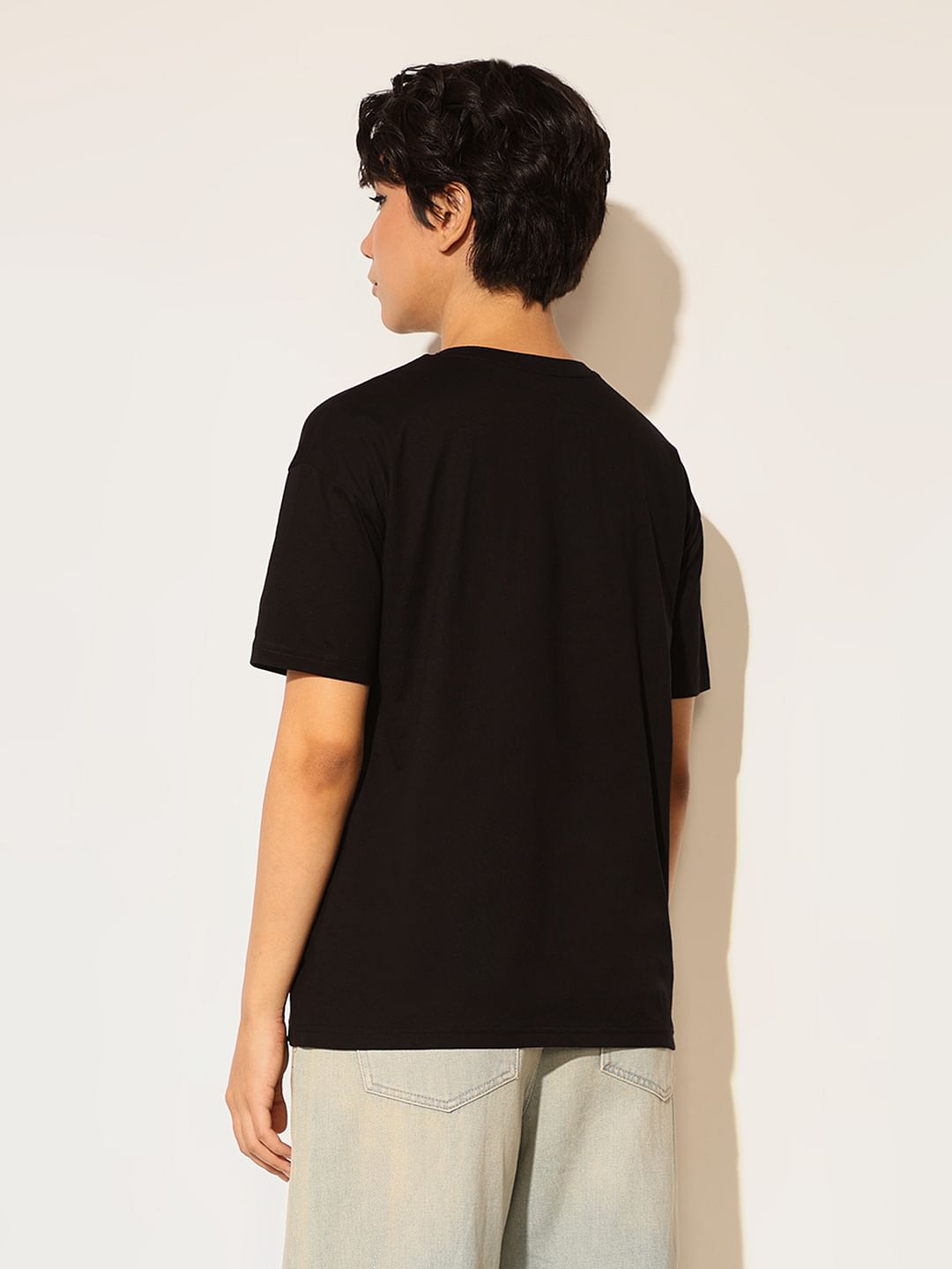 Black Embellished Text T-Shirt