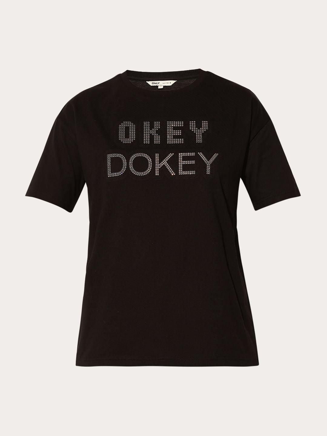 Black Embellished Text T-Shirt