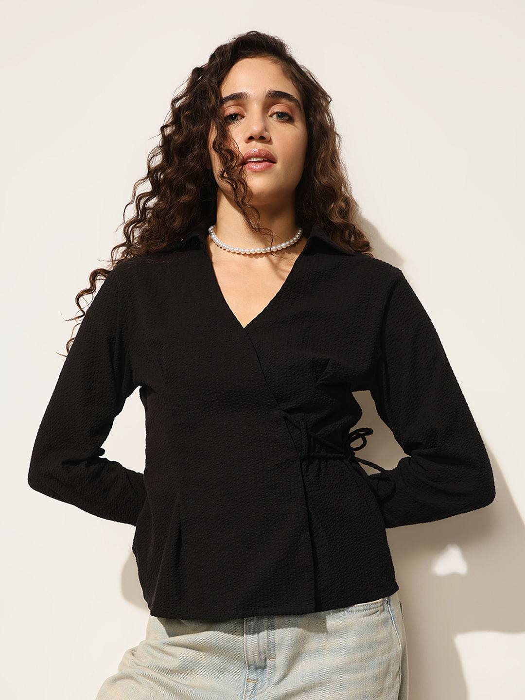 Black Waist Tie-Up Shirt