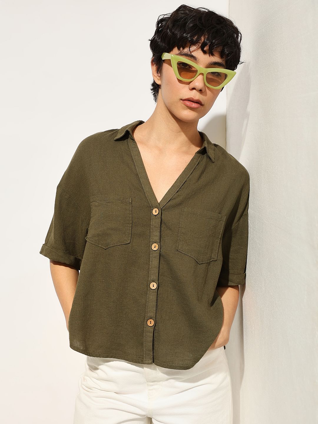 Olive Linen Oversized Shirt