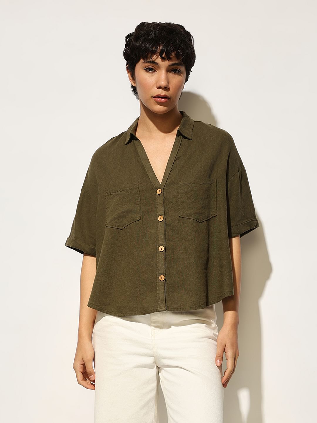 Olive Linen Oversized Shirt