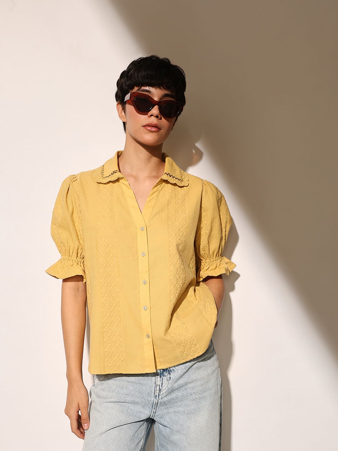 Mustard Puff Sleeves Shirt