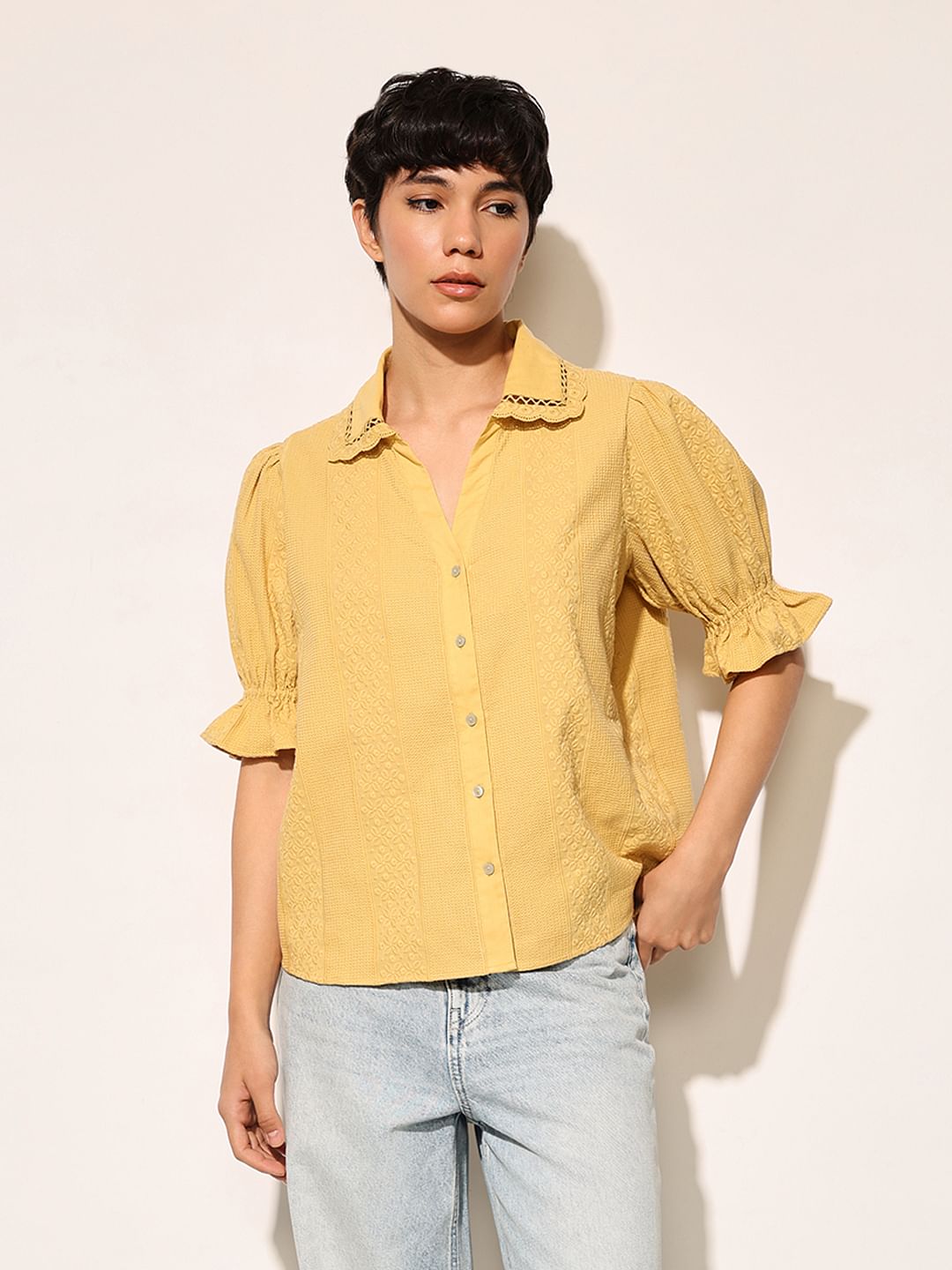 Mustard Puff Sleeves Shirt