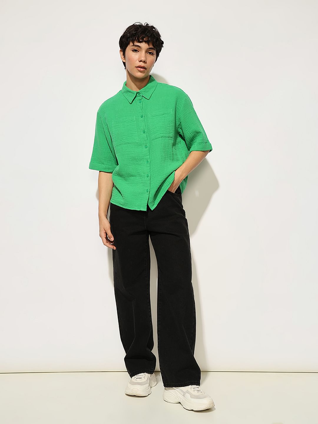 Green Crinkle Weave Cotton Shirt