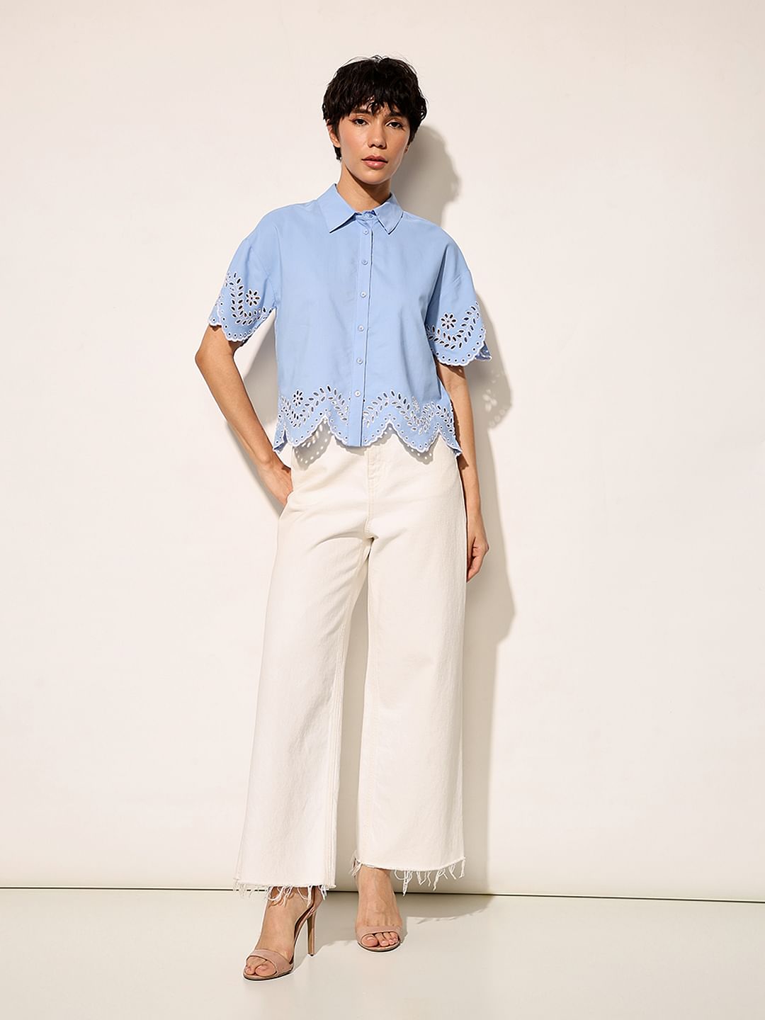 Blue Embroidered Cropped Shirt