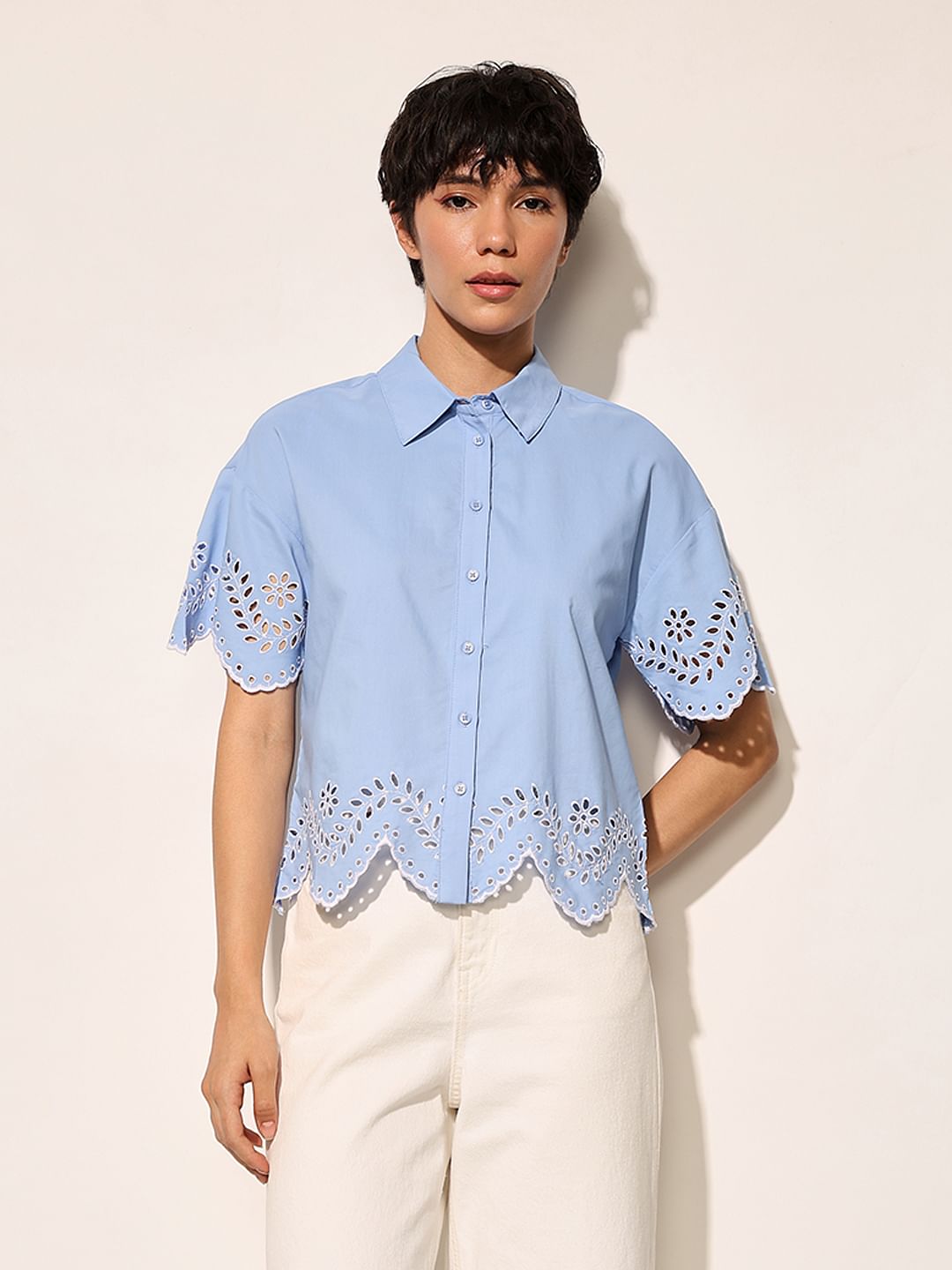 Blue Embroidered Cropped Shirt