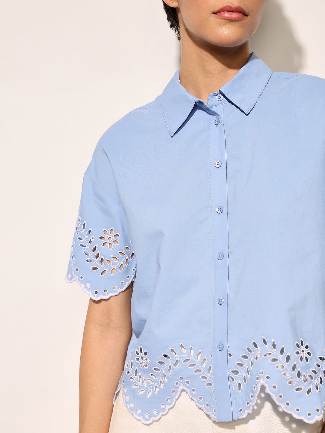 Blue Embroidered Cropped Shirt