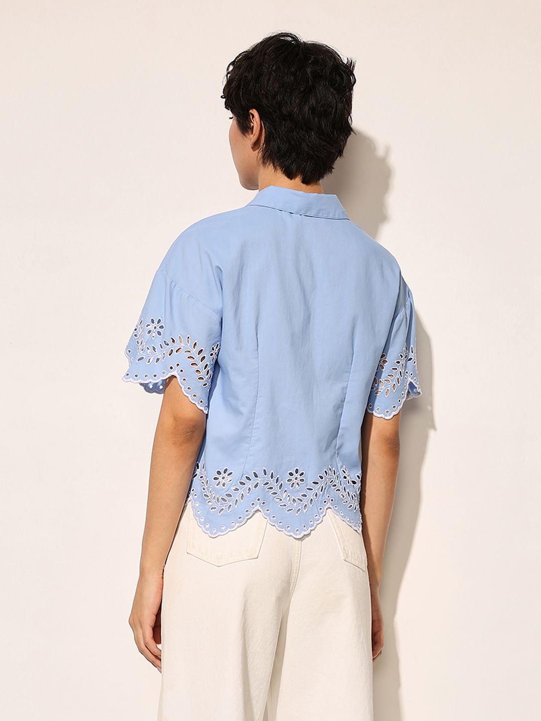 Blue Embroidered Cropped Shirt