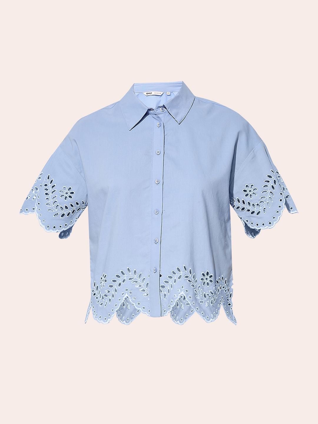 Blue Embroidered Cropped Shirt