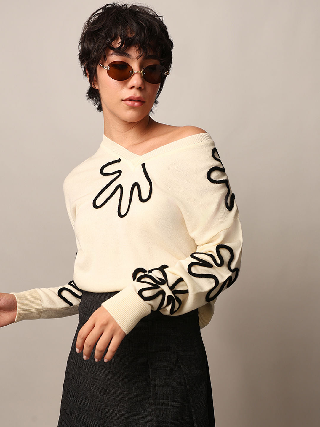 Cream Jacquard Knit Pullover