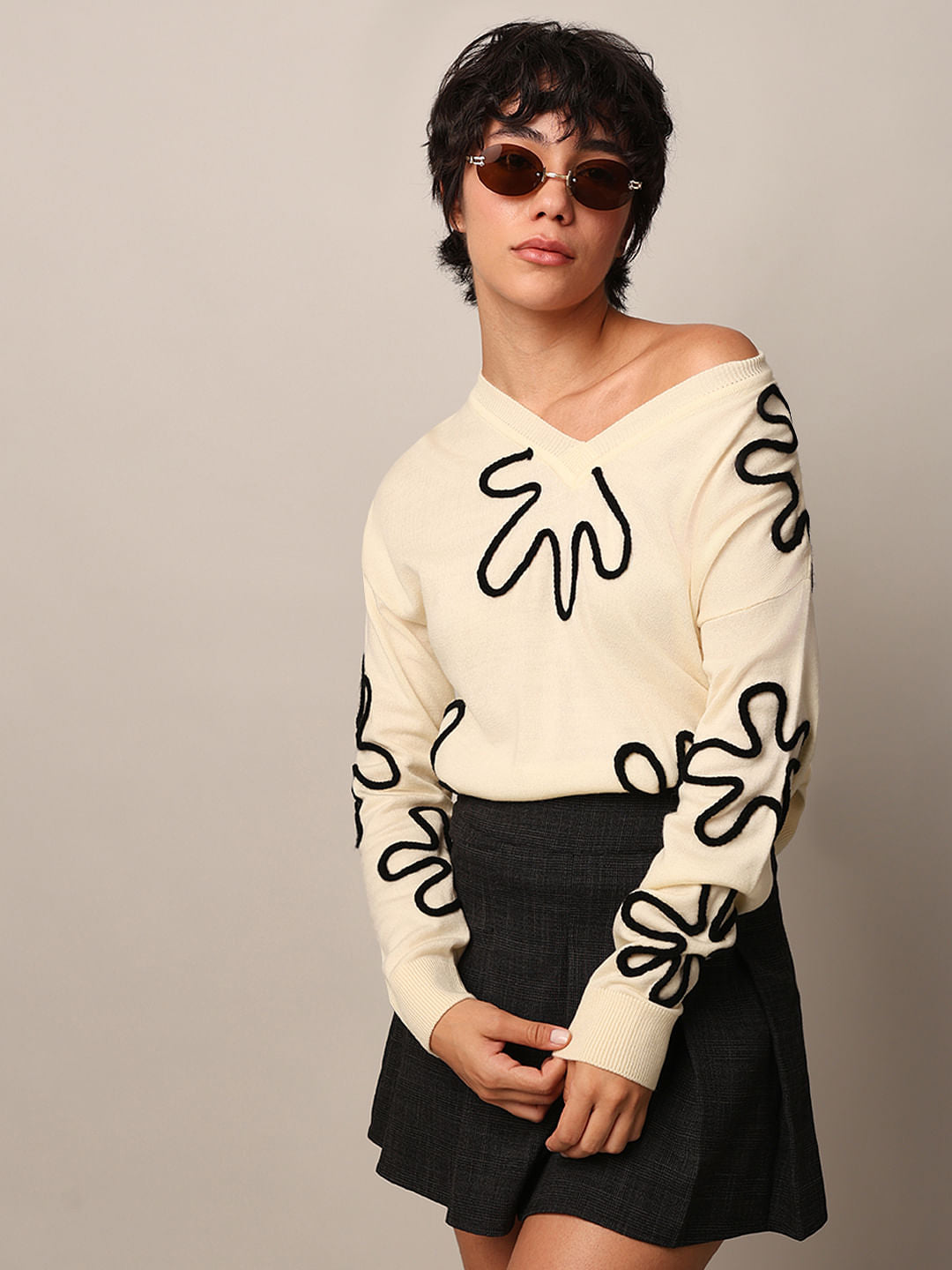 Cream Jacquard Knit Pullover