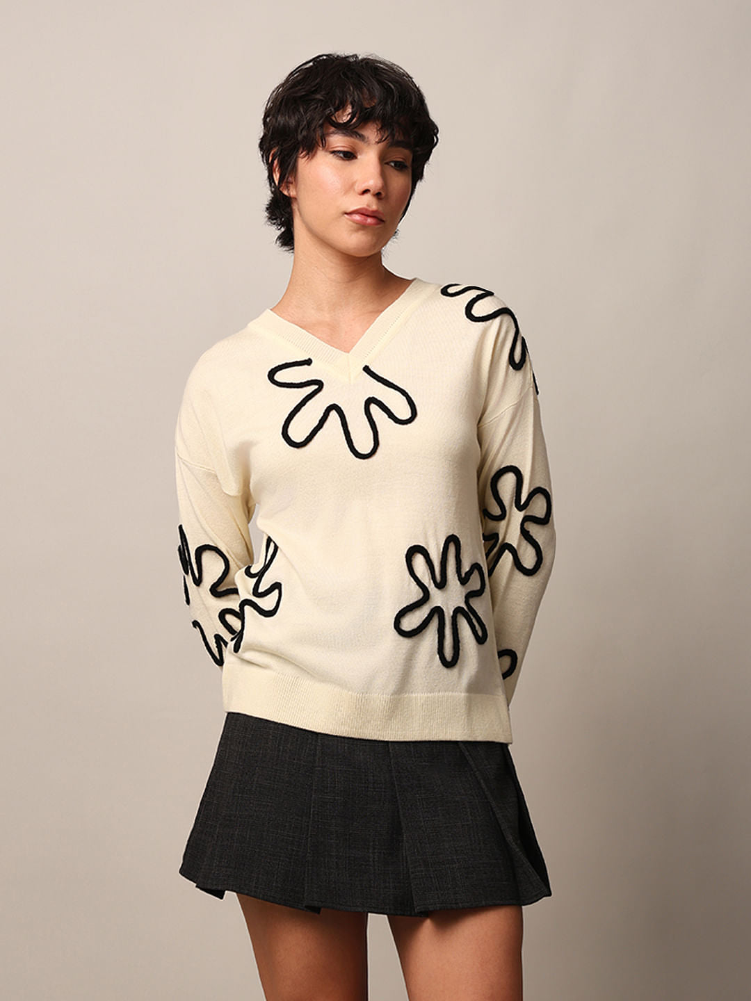 Cream Jacquard Knit Pullover