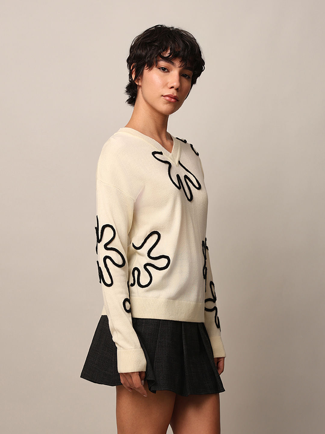 Cream Jacquard Knit Pullover