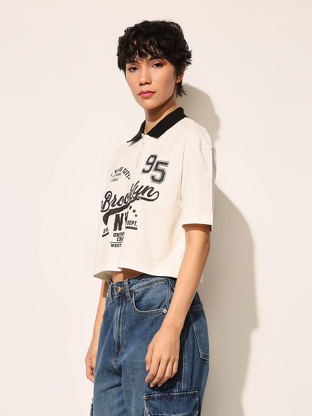 White Printed Cropped T-Shirt