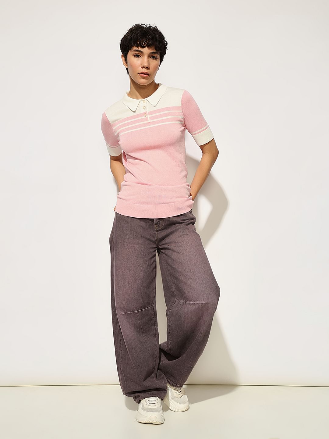 Pink Knitted Colourblocked Polo