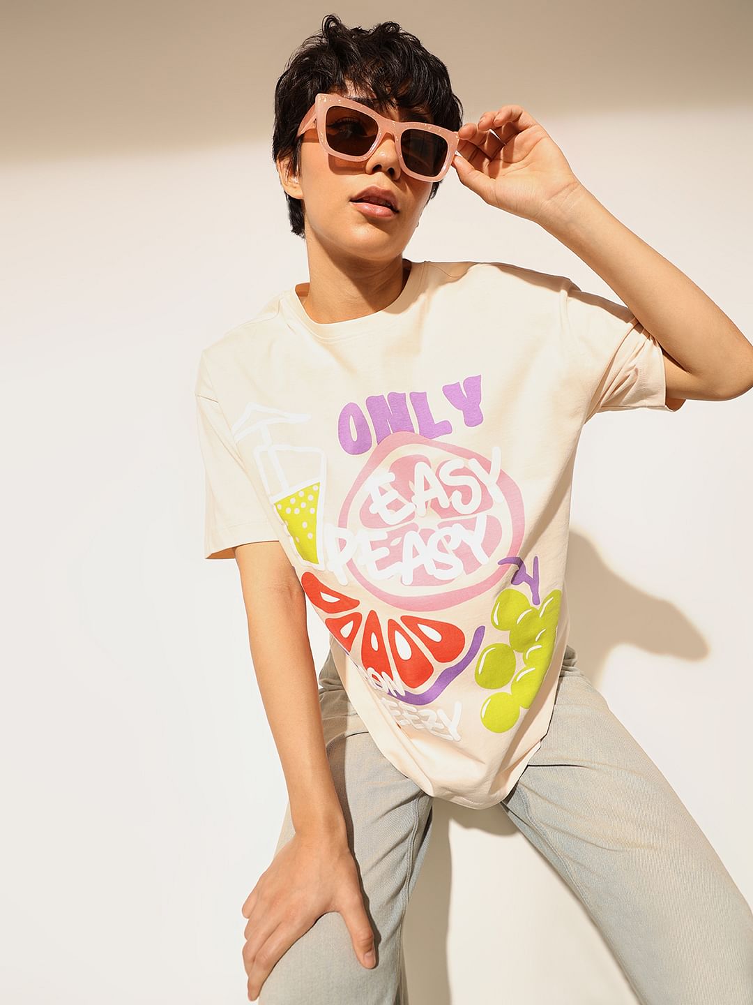 Beige Oversized Printed T-Shirt