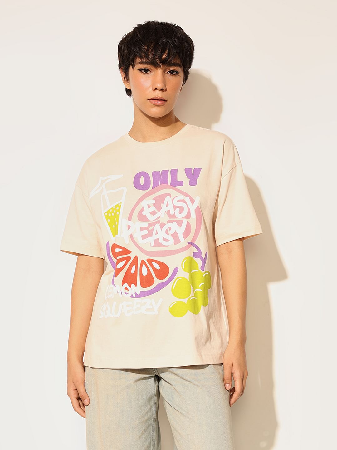 Beige Oversized Printed T-Shirt
