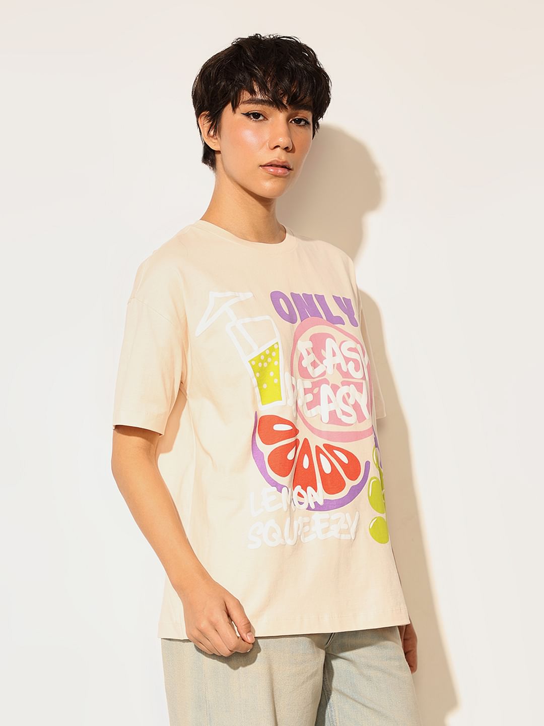 Beige Oversized Printed T-Shirt