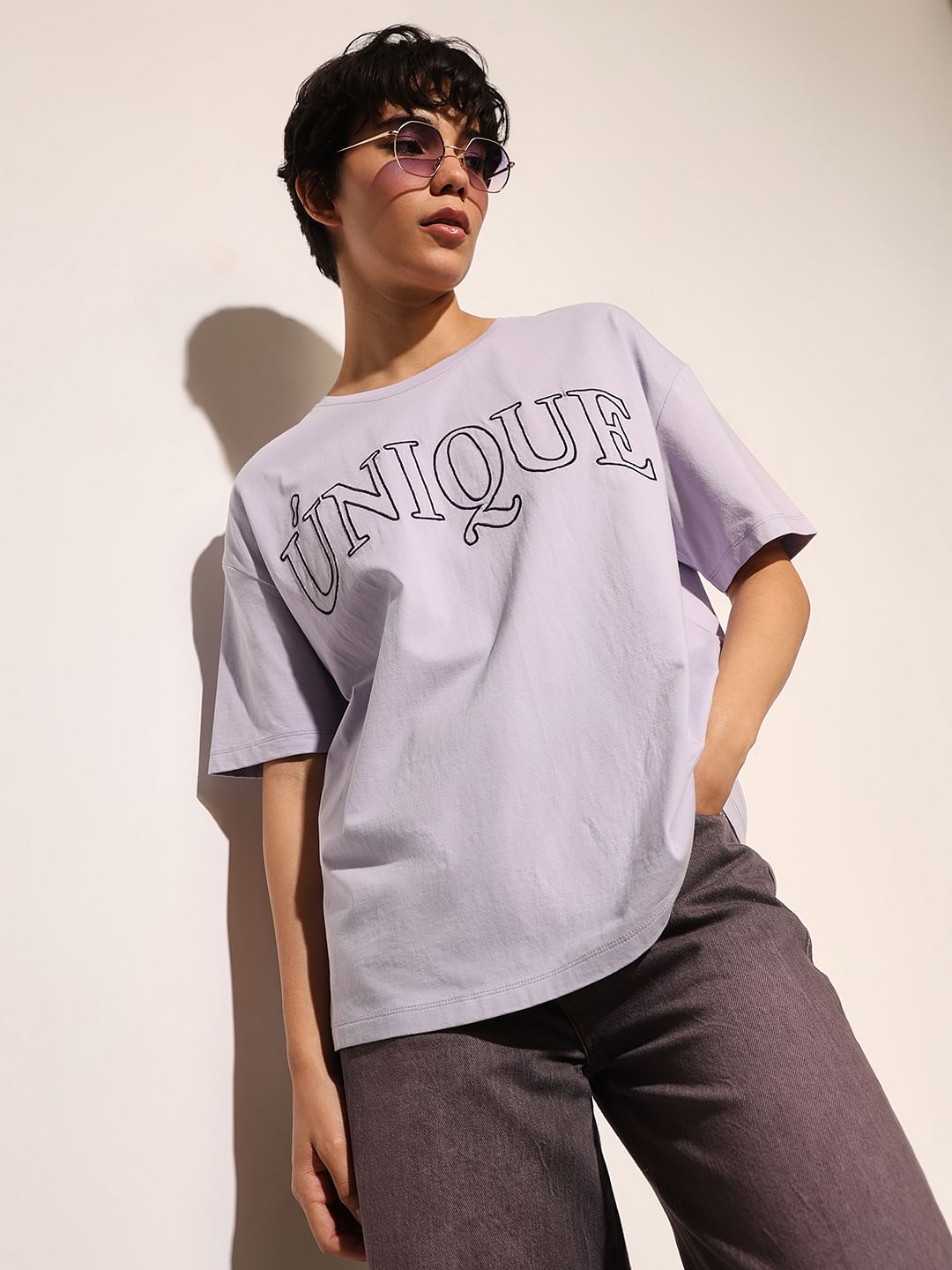 Purple Text Print Oversized T-Shirt