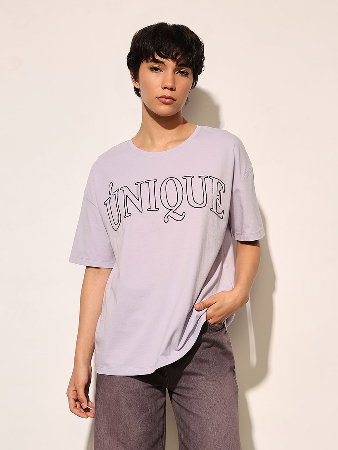 Purple Text Print Oversized T-Shirt