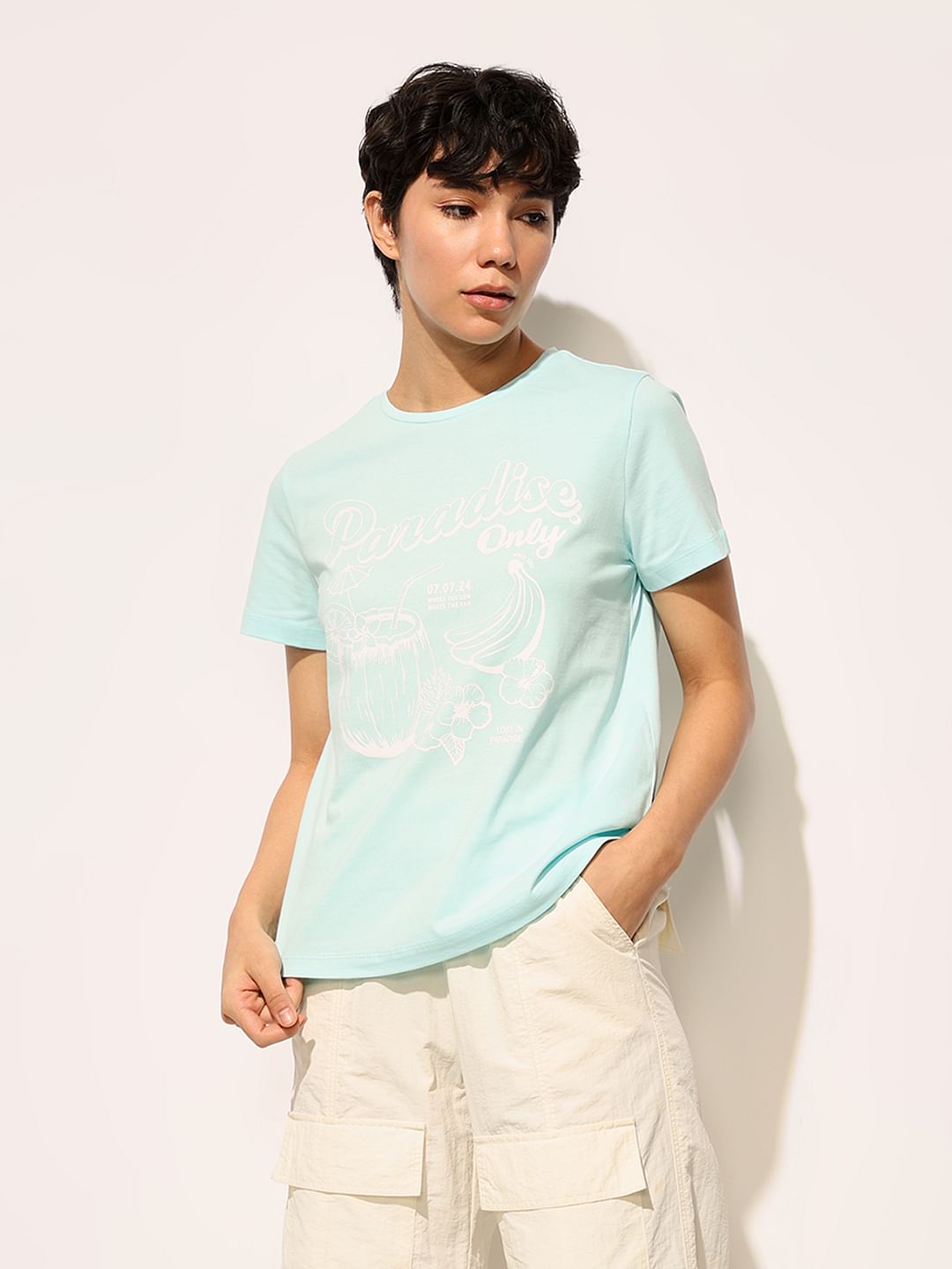 Blue Printed Cotton T-Shirt