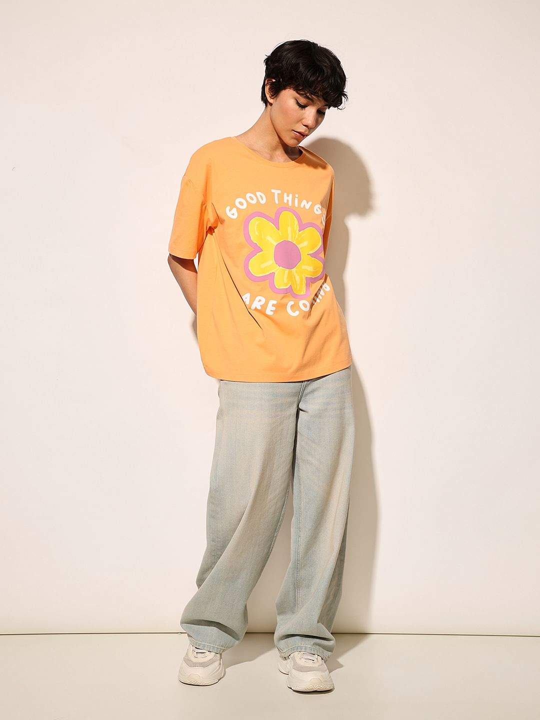 Orange Printed Oversized T-Shirt