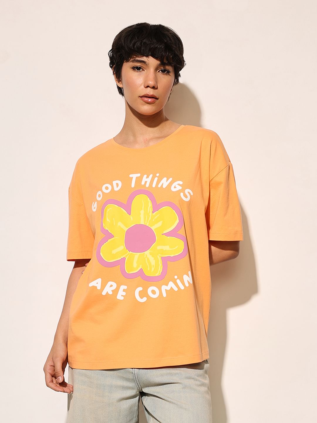 Orange Printed Oversized T-Shirt
