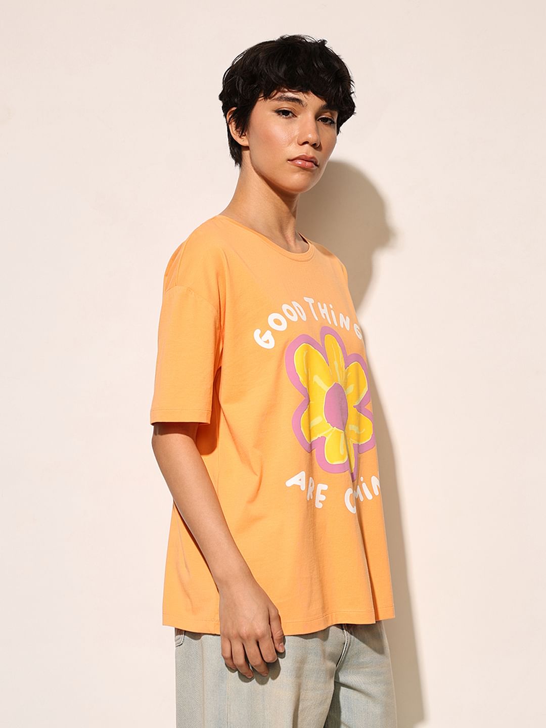 Orange Printed Oversized T-Shirt