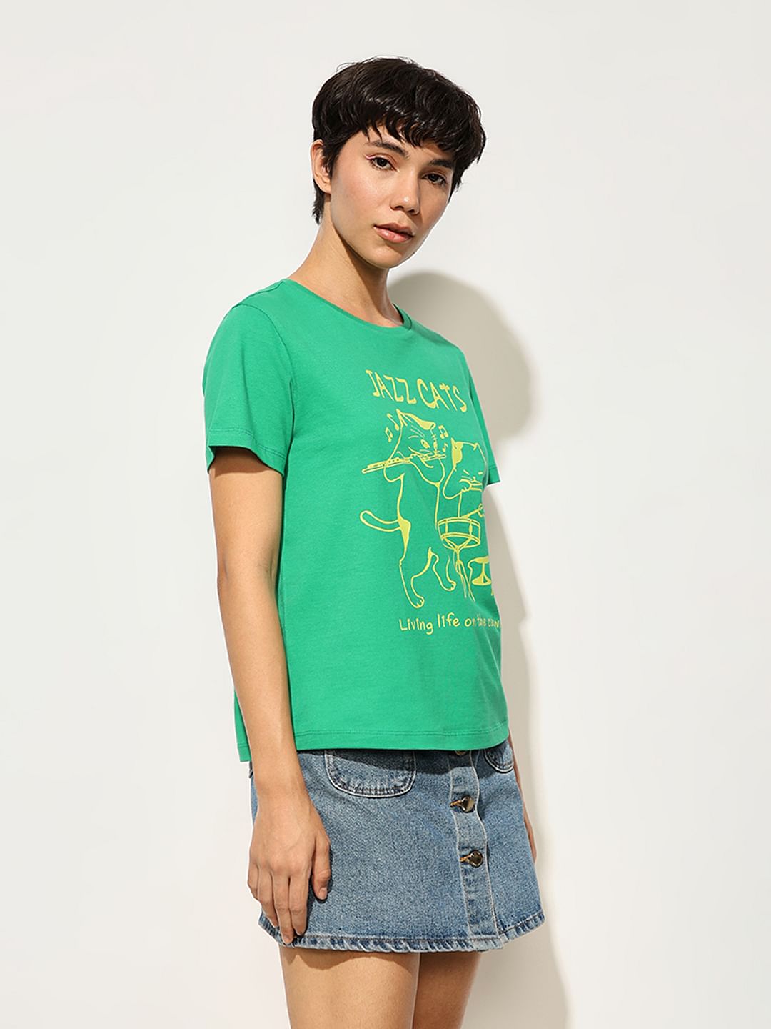 Green Printed Cotton T-Shirt