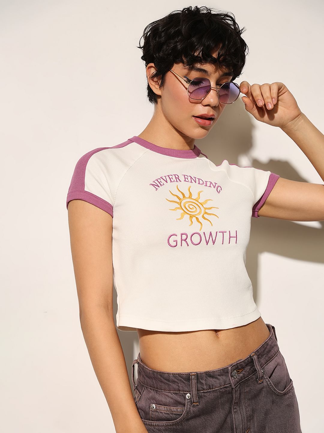 White Embroidered Text Crop T-Shirt