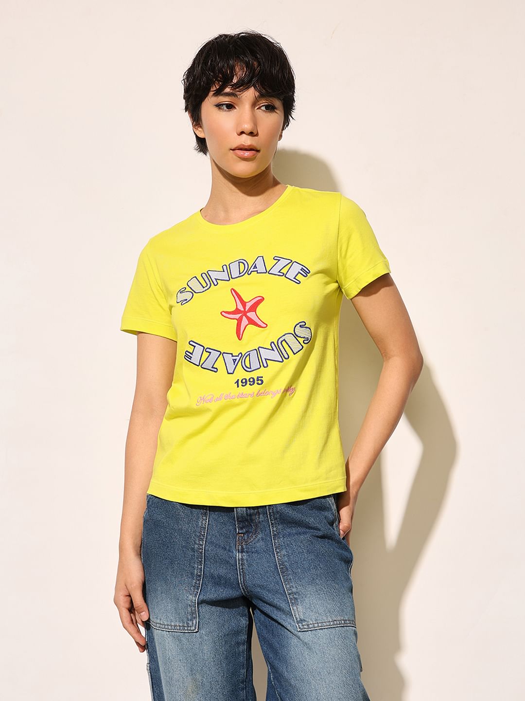 White Embroidered Text Cotton T-Shirt