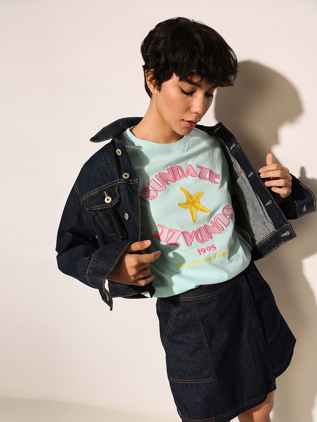 Blue Embroidered Text Cotton T-Shirt