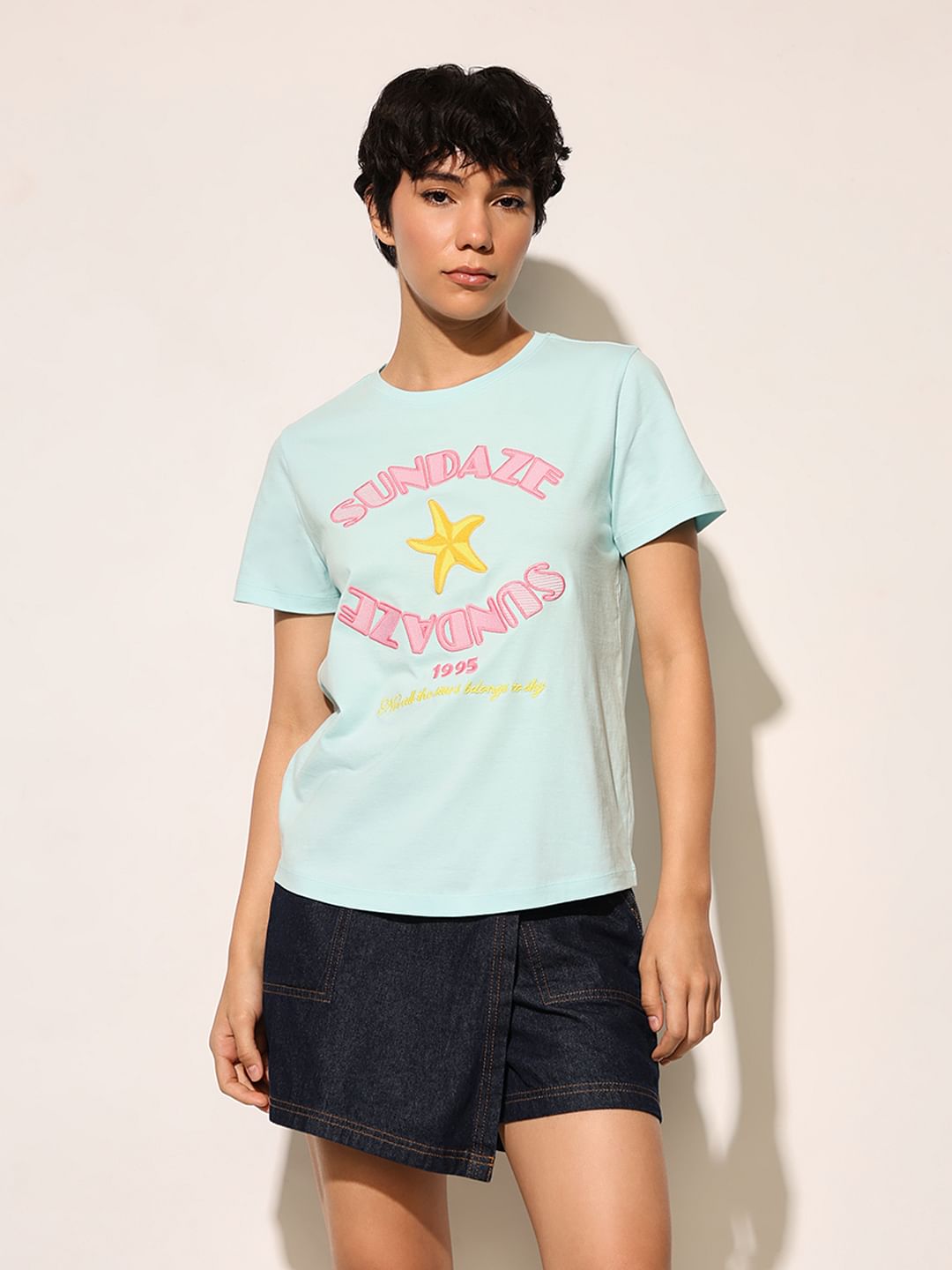 Blue Embroidered Text Cotton T-Shirt