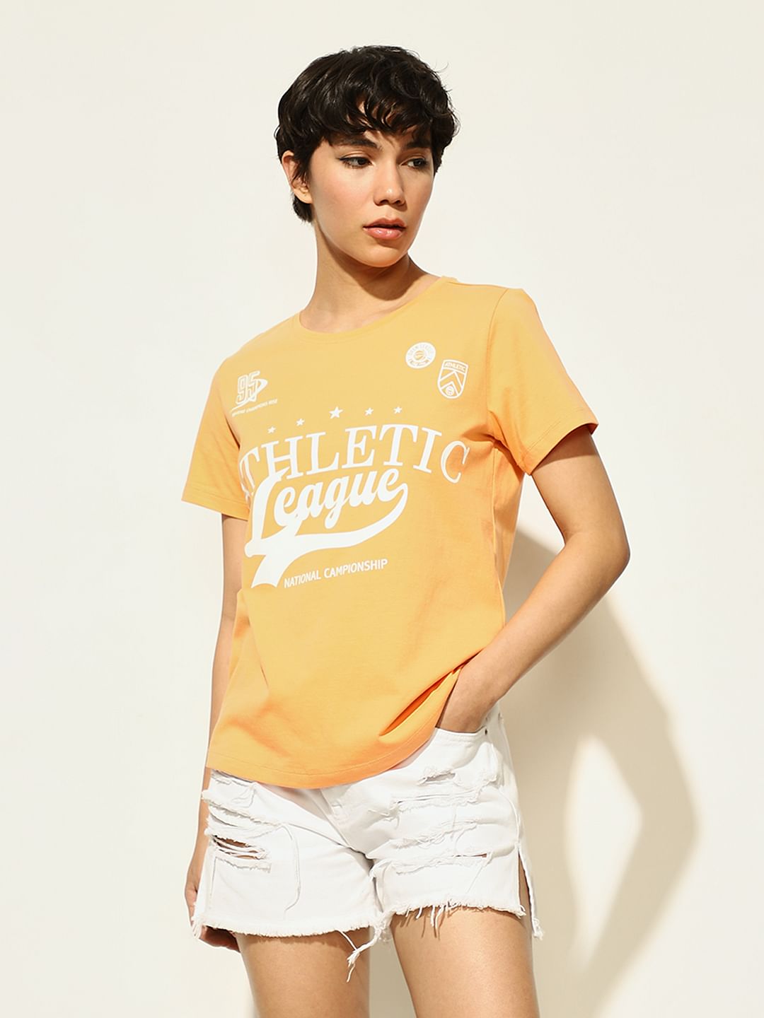 Orange Printed Cotton T-Shirt