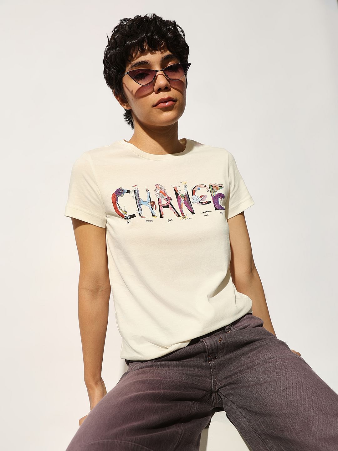 White Typographic Print Cotton T-Shirt