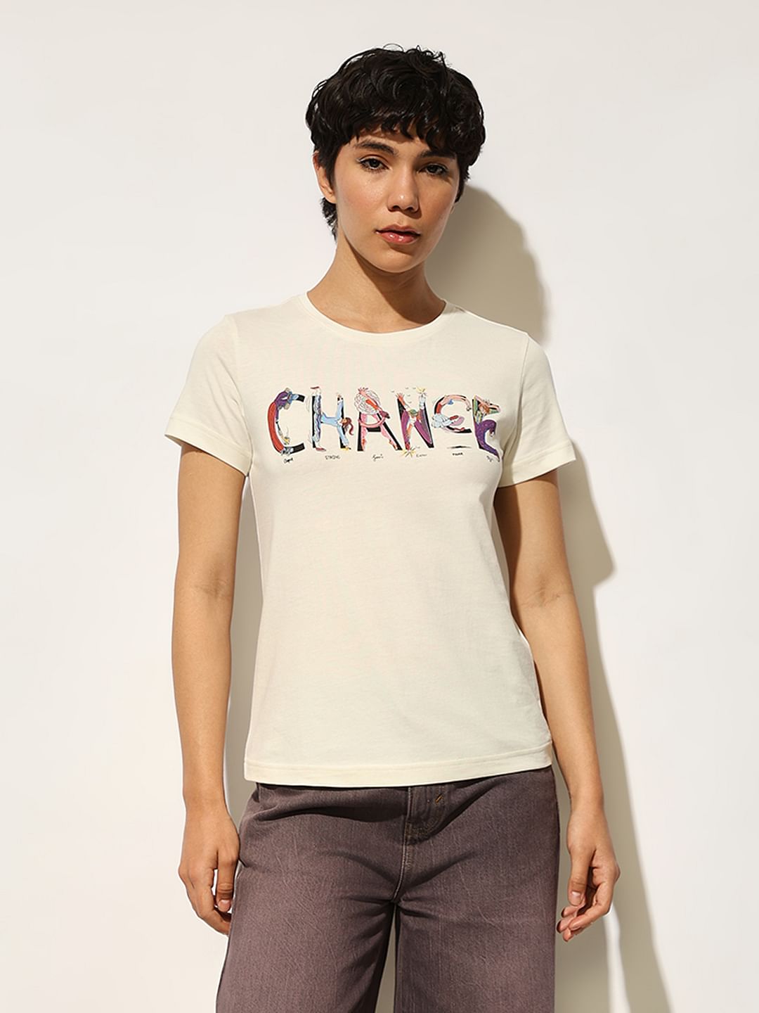 White Typographic Print Cotton T-Shirt
