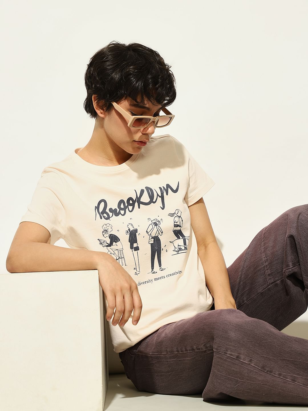 Beige Printed Cotton T-Shirt