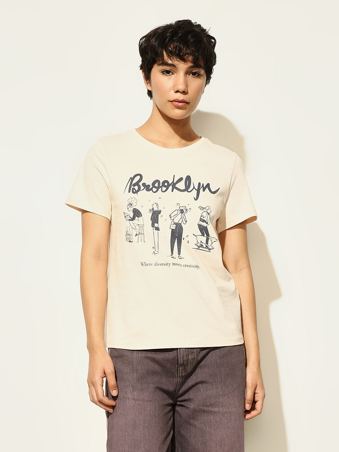 Beige Printed Cotton T-Shirt