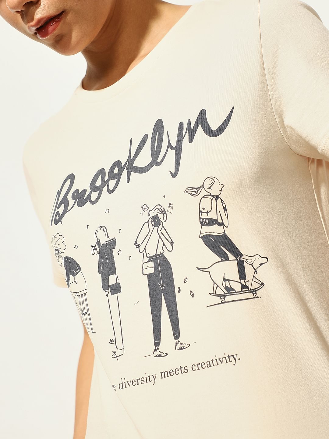 Beige Printed Cotton T-Shirt