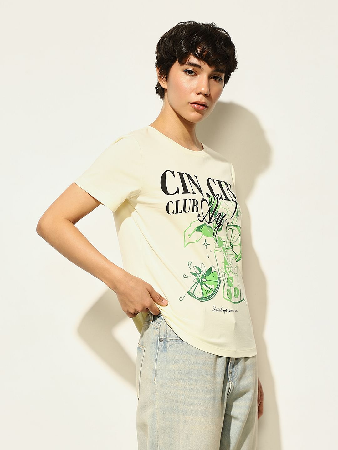 Yellow Printed Cotton T-Shirt
