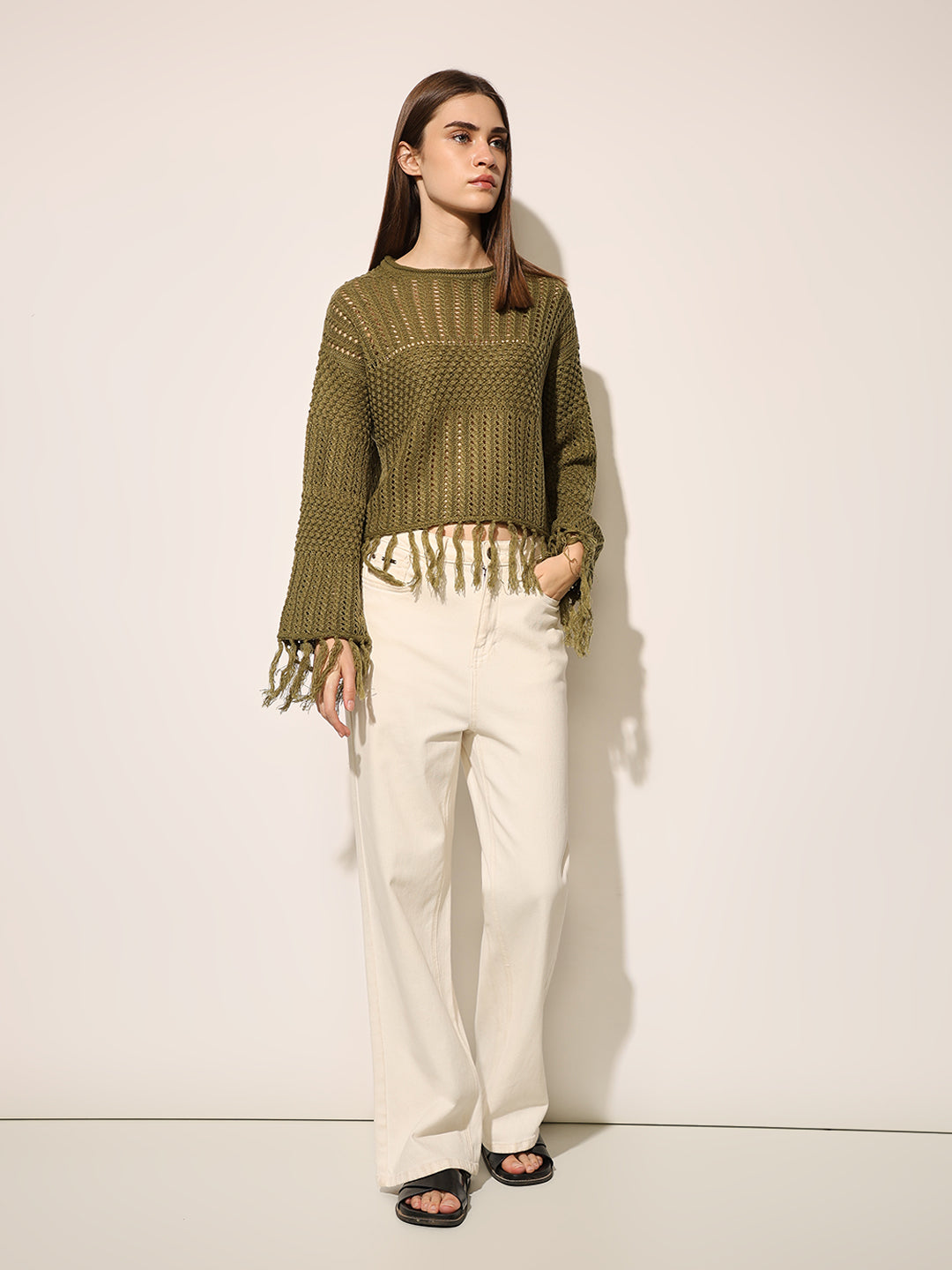 ONLY Green Fringed Knit Top