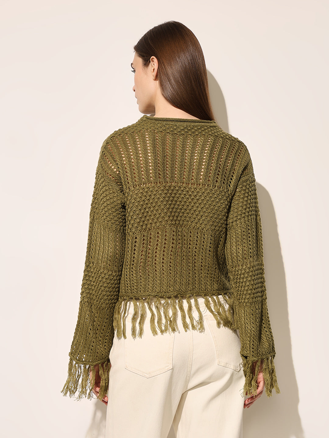 ONLY Green Fringed Knit Top