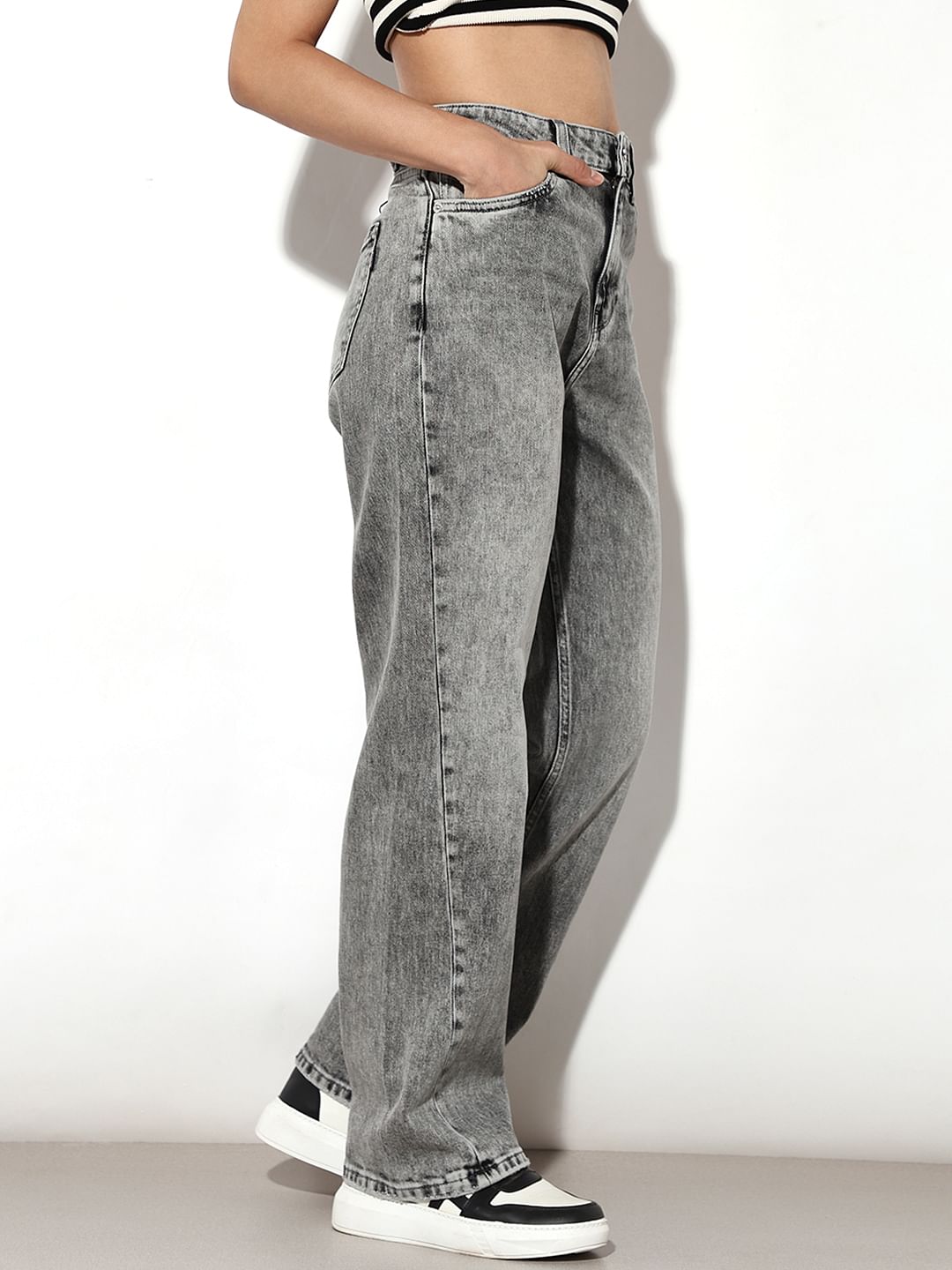 Grey High Rise Straight Fit Jeans